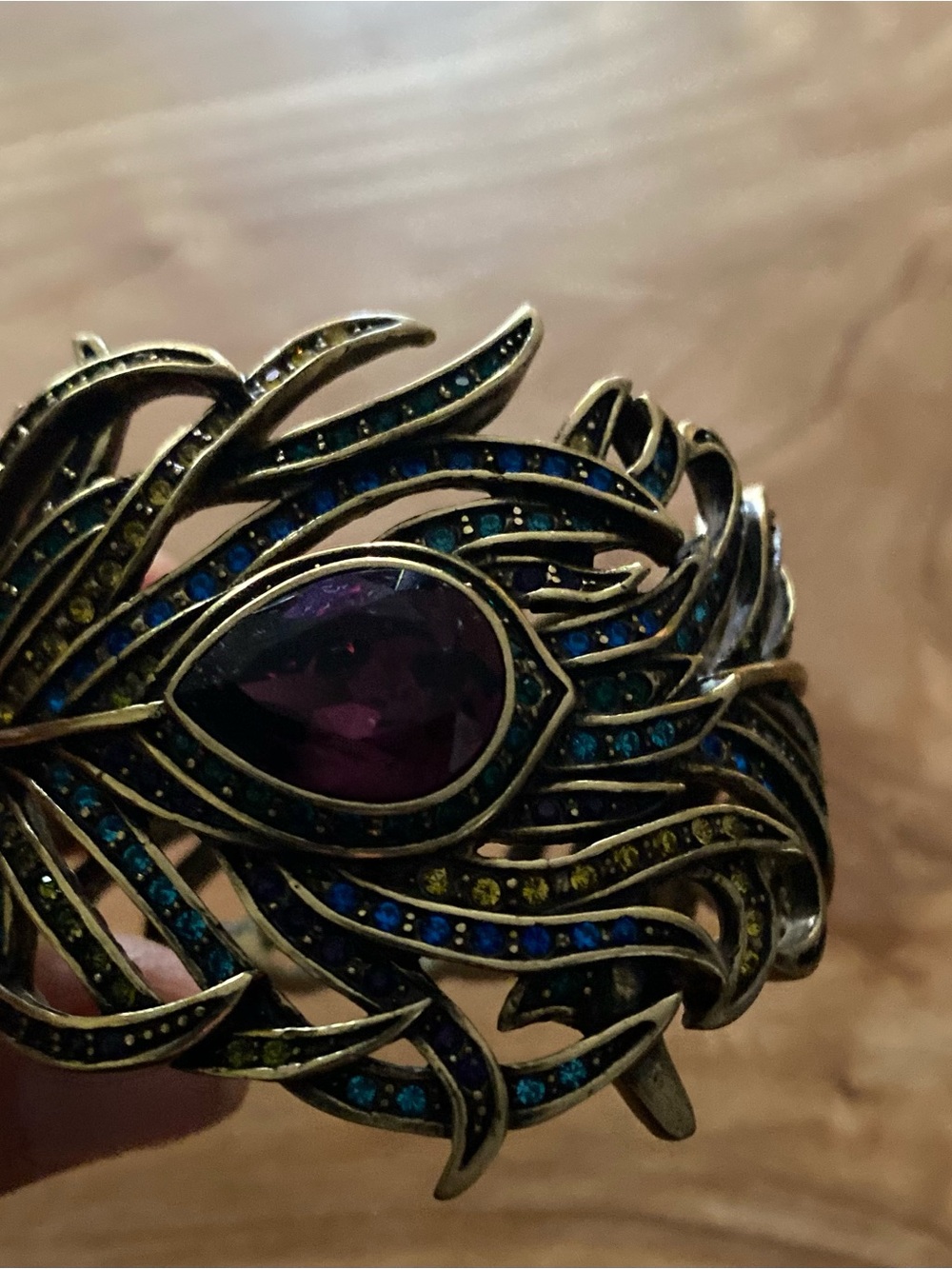 Vintage-Inspired Purple Teardrop Peacock Cuff Bracelet